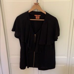 Tory Burch Black Silk Zip Down Flutter Sleeve Top
